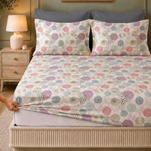 Image of LANE LINEN Symphony | 100% Cotton Sheet Set | Soft & Breathable Fabric | 3 Piece (1 Bedsheet + 2 Pillow Covers) | King Bed Sheet Set - Colorful Circle Pattern