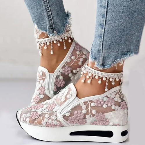 Womens Platform Wedge Sneakers Fashion Mesh Floral Embroidery Breathable Slip on Air Comfort Chunky Arch Support Walking Shoes3