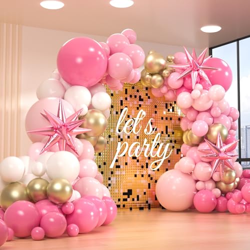161pcs Pink Balloons Arch Kit Pastel Macaron Pink and Gold White With 3pcs Starburst Foil Balloons for Birthday Baby Shower Bridal Shower Wedding Valentines Party Decorations
