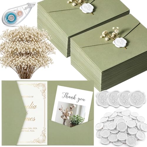 YooNotee 50 Set Wedding Invitation Kits Trifold Wedding Invitation Pockets for 5x7 Invites Cards with Wax Seal Stickers Dried Flowers Accessories for Engagement Bridal Shower Birthday (Green White)
