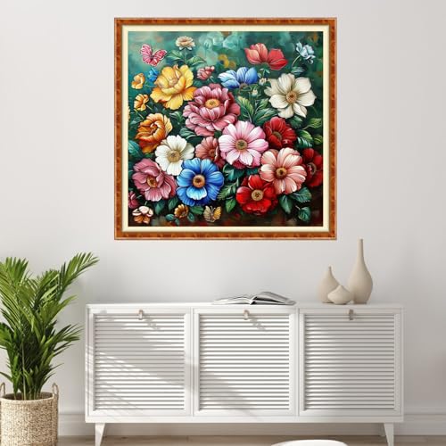 Image of Findvoor Stamped Cross Stitch Kits for Beginner Embroidery Kits for Beginners Adults DIY 11CT Cross Stitch Patterns Needlepoint Kits Crossstitching Kits-Rainbow-Colored Flowers 18x18 inch