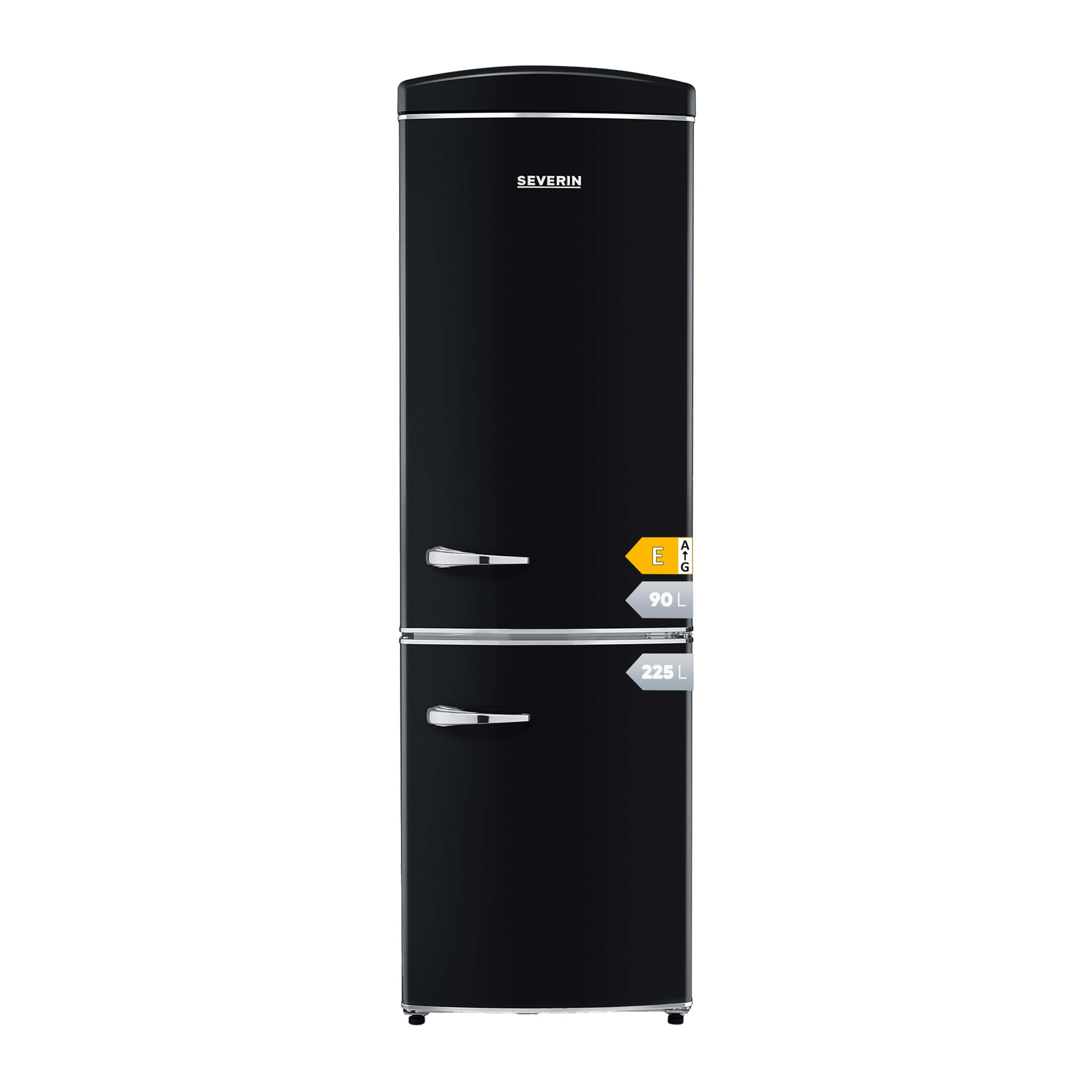 SEVERIN Doppeltür Kühl- & Gefrierschrank, Retro-Design mit Chrom-Details, No Frost + Fast Cooling/Freezing-Funktion, LED-beleuchtet, Kühlbereich 0-8°C, 315 L Volumen, 41 dB, schwarz, RKG 8998 [EEK E]