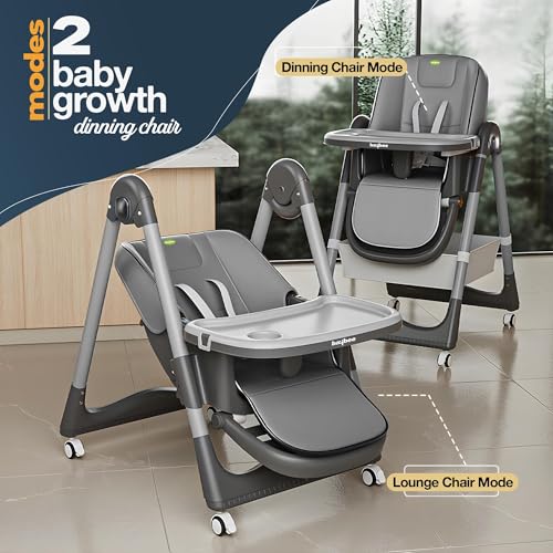 Image of Baybee 3 in 1 Baby High Chair for Kids, Baby Feeding Chair with 8 Height Adjustable, Footrest, Tray, 160 Recline, 5 Point Safety Belt & Wheels | Kids High Chair for Baby 0 Months to 6 Years