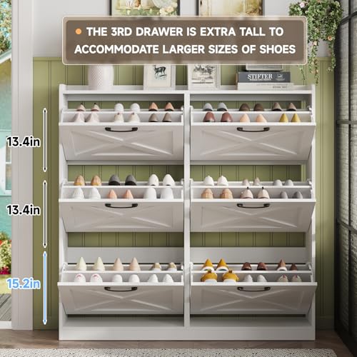 Image of Maupvit Large Shoe Storage Cabinet with 6 Flip Drawers, Freestanding Shoe Organizer with Metal Handles for Entryway, Narrow Shoe Rack Cabinet, White
