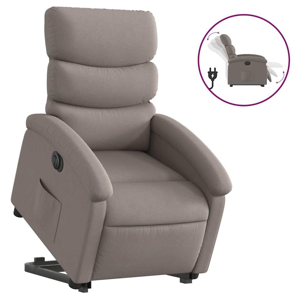 Sillón elevador eléctrico reclinable de tela color pardo con motor para elevación e inclinación automática a 135 grados, estructura estable y bolsillo lateral, asiento