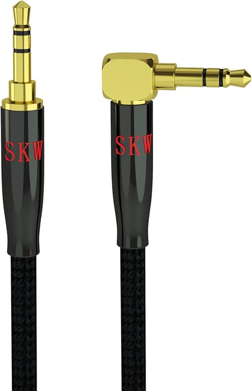 SKW Audiophile Cable auxiliar estéreo en ángulo recto de 3,5 mm 1/8" TRS 9,8 pies/3 m | Contactos chapados en oro con doble blindaje, cubierta trenzada de nailon, resistente y duradero, fidelidad estéreo de alta fidelidad, 90 grados