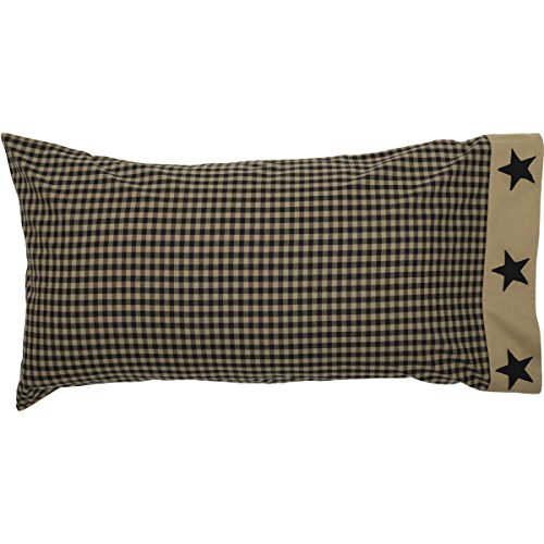 VHC Brands Check Star Cotton Primitive Bedding Appliqued King Pillow Case Set of 2 Raven Black