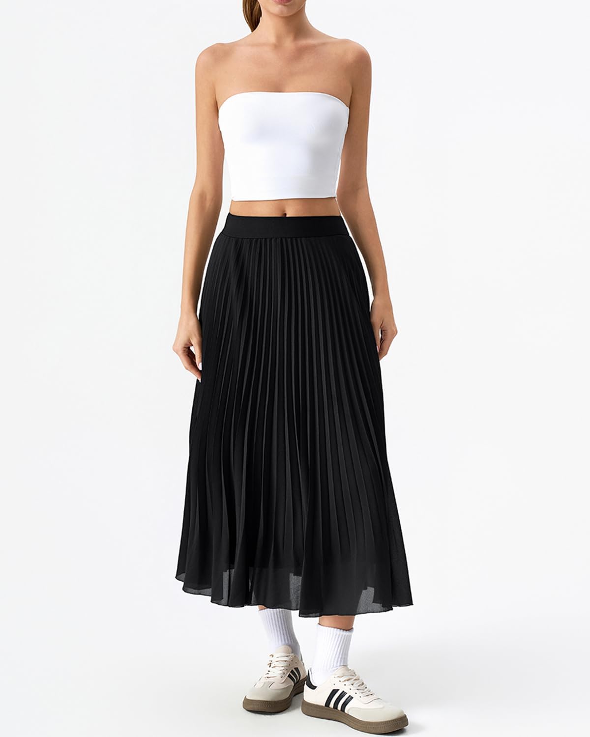 QINSEN Women's Elegant Flowy Pleated Chiffon Skirts Summer A-line Swing Midi Skirts Casual Elastic Waist Soft Linging