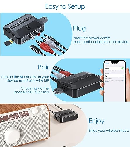 KAIY Bluetooth Receiver for Home Stereo, RCA Bluetooth Adapter with NFC-Enabled, 3.5mm Audio Adapter Support USB Flash Drive/TF Card, Wireless Audio Receivers for HiFi Music Stereo System