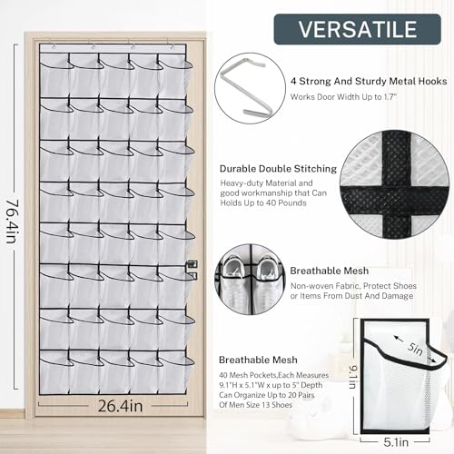 40 Large Mesh Pocket Over the Door Shoe Organizer,Hanging Shoe Rack for Door,Hualleko Shoes Organizer Hanger with Large Capacity, Shoes Storage Holder Sturdy Non-woven Fabric - Stores 20 Pairs (White)