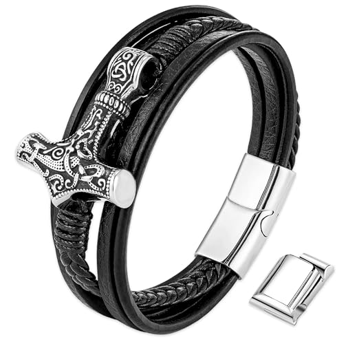 JUZICHEN Wikinger Armband Herren, Thors Hammer Armband, Geflochtener Lederarmband, Herrenarmband Mit Magnetverschluss,Wikinger Armreif,Armreif Herren,Nordische Mythologie Deko Geschenke Männer (B)