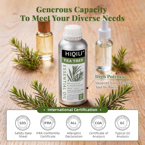 Image of HIQILI Tea Tree Oil for Skin, Hair, Nail, Diffuser, Soap Making | Includes Four Portable Decanters - 1000mL / 32 fl.oz
