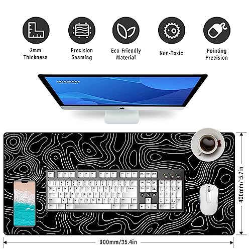 Image of Large Gmaing Mouse Pad with Stitched Edges, Superior Micro-Weave Cloth, Non-Slip Base, Size 35.4 X 15.7X 0.12inches - Black Topographic Contour