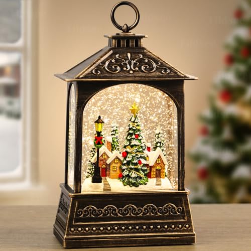 Flldsee Snow Globe Lantern Christmas Decorations Indoor, Musical Snowglobe Light with Timer, USB & Battery Powered Music Box, Forest Snow Village, Xmas Holiday Home Decor