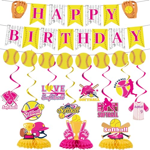 Image of Softball Birthday Party Decorations - Themed Happy Banner, Hanging Swirls, Honeycomb Centerpieces, Table Decor, Sports Party Supplies