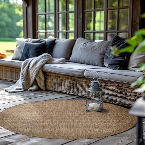 SIMPEX Outdoor Teppich Rund,Terrasse Balkon Garten Küchenteppich Einfarbiges Design Wetterfest Flachgewebe Sisal Look Waschbarer Teppich, Größe: 160 cm Rund, Farbe: Braun