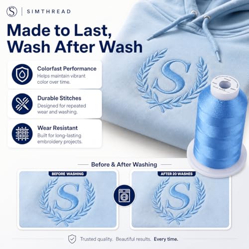 Image of Simthread 5000M 40WT Polyester Embroidery Thread, Sky Blue 019 | 5000M 40WT polyester thread feeds smoothly for machine embroidery, monograms, logos, patches and quilting.