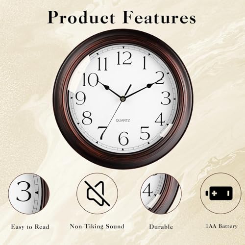 Image of KECYET 16 Inch Wall Clocks Battery Operated Silent Non-Ticking Wall Clock Vintage Retro Rustic Style Decorative for Living Room Kitchen (Bronze)