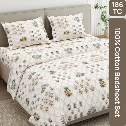 Image of Haus & Kinder Double Bed Bedsheet for Queen Size Bed, Queen Size Bed Sheet with 2 Pillow Covers 90 Inch x 100 Inch | Premium Soft & Silky Pure Cotton 186 TC Double Bedsheet | Secret Garden