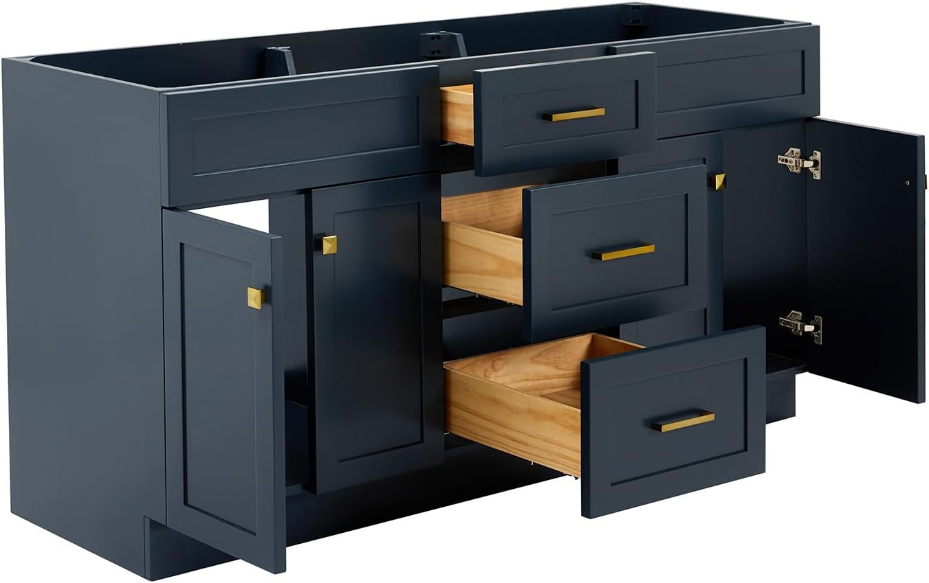 ARIEL Hamlet 66-inch Bathroom Vanity Base Cabinet,Solid Wood, 4 Soft Closing Doors, 3 Dovetail Drawers, Satin Brass, Midnight Blue