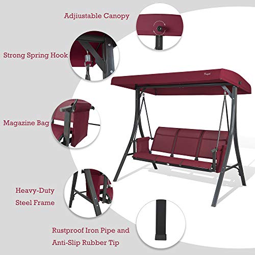 Kozyard Brenda 3 Person Outdoor Patio Swing With Strong Weather Resistant Powder Coated Steel Frame And Textilence Seats (Burgundy) #TOP1