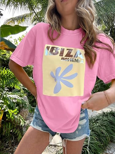 Image of Vintage Oversized Flower Graphic Tees Cute Surfboard Palm Baggy T-Shirts Summer Preppy Beach Tops Teen Girls Clothes