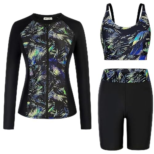 AutoWT Women's 3 Piece Long Sleeve Rash Guard Swimsuits, UPF 50+ Zip Up Bathing Suit with Built in Bra and Shorts, Summer Quick Dry Swim Top Shirt for Swimming Surfing Diving