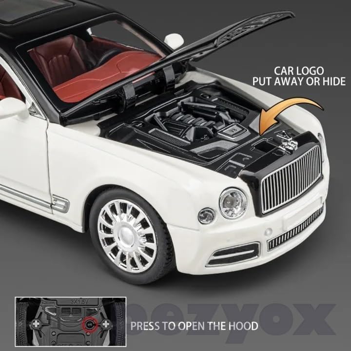 Image of Bentley MULSANNE 1:24 Diecast Scale Model Metal Pull Back Toy car for Kids with Openable Doors & Light, Music Toy Vehicle for Kids (Black+White)