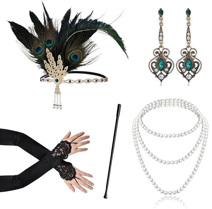 mefound 1920 Accessories Set - Roaring 20's Theme Flapper Costume Gatsby Accessories Set Fashion Vintage Headband Necklace Earrings Long Gloves bracelet Holder For Women