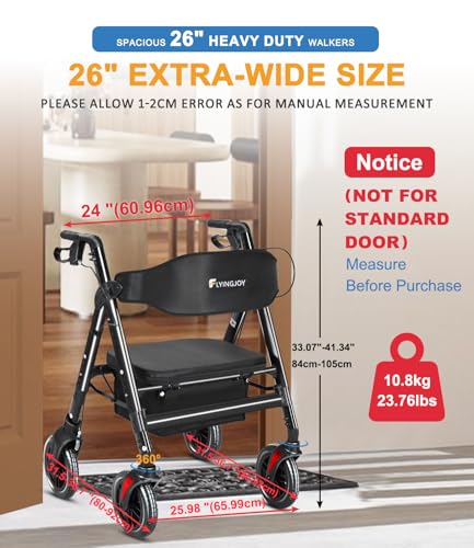 FlyingJoy 450 lb Heavy Duty Bariatric Rollator — Walkers for Seniors with Seat,Extra Wide 22" Seat, All-Terrain 8" Airless Tires,Foldable Mobility Aid with Backrest,Adjustable Height,Brake,Storage Bag - Thumbnail 3