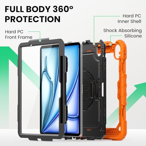 Image of SEYMAC Case for iPad Air 11 Inch M4 / M3 / M2 (2026 /2025 / 2024), Heavy Duty Shockproof Protective Case with Screen Protector, 360 Rotating Stand and Hand /Shoulder Strap, Orange