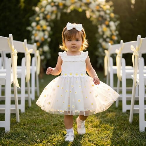 Infant Toddler Girl Summer Dress Boho Daisy Floral Tulle Tutu Dress Set with Matching Bag & Bow, Sleeveless Ruffle Sun Dress for Beach & Photos White 9-12Months — view 2