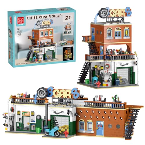 Jeu de Construction 2en1, Compatible avec Lego City House avec éclairage LED, Kit de Construction Modular pour Atelier de réparation Automobile Street View,...