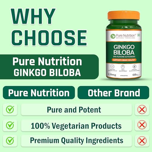 Image of Pure Nutrition Ginkgo Biloba | Gingko Biloba Capsules Supports Memory, Better Concentration | 24% Flavone Glycosides Helps Reduce Stress & Improve Blood Circulation - 60 Veg Capsules