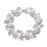 EVER FAITH Bridal Silver-Tone Ivory-color Simulated Pearl Flower Leaf Clear Austrian Crystal Bracelet