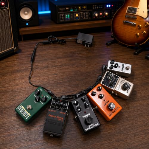 Image of Rockhouse 9V DC 1A Guitar Pedal Power Supply with 6 Way Daisy Chain Cable | Center Negative Power Adapter, Low Noise Pedal Charger, Supply for Pedalboard & Boss 1spot 9 Volt Device, 5.5 x 2.1 mm Barrel