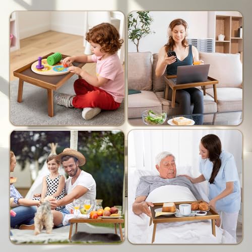 Image of Large Bed Table Tray with Support Bar and Foldable Legs, Bamboo Breakfast Food Trays Table for Bed Sofa Eating and Laptops, TV Lap Tray Table on Couch (Applied for Invention Patent)