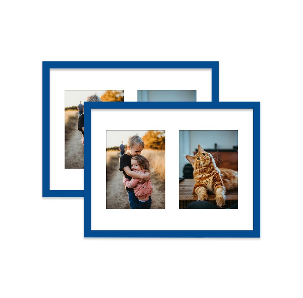 Blue Multi Photo Frame - Holds 2 x 8x6 Pictures, Family Collage Picture Frame for Wall Display, 16x12 Frame size, Set of 2
