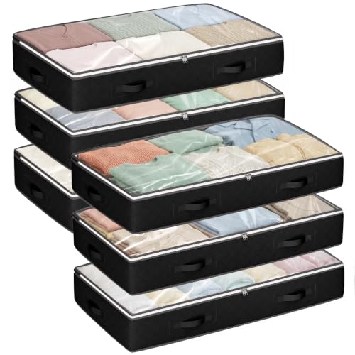 Image of 6 Pack Under Bed Storage Containers Organizer, Large Capacity Underbed Clothes Storage Bins, Bedroom Organization and Storage, Foldable Storage Bags for Clothes Pillow Blankets Bedding | Foldable underbed storage bins for linen sheets, blanket, clothing, comforter, sweaters, pillows, wrapping paper, black