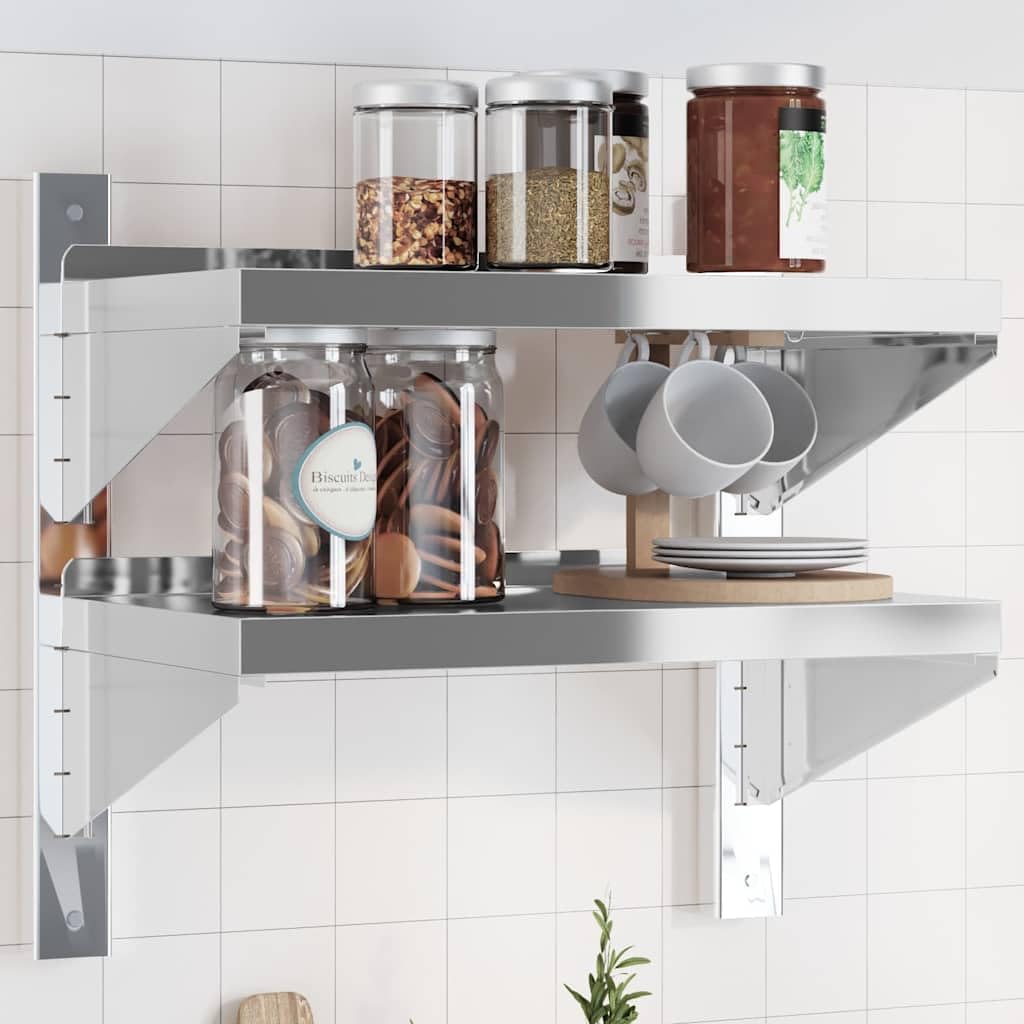Estantería de pared con 2 estantes, acero inoxidable, 50 x 30 x 48 cm, robusta estantería flotante con borde para cocina, garaje y laboratorio, color plateado cepillado para montaje en pared