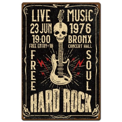 SUPERDANT Gitarren Metallschild Vintage Metallplakate Metallmalerei Vintage Deko Hard Rock Musik Mit Schädel Gitarre Kunst Retro Deko Musikalische...