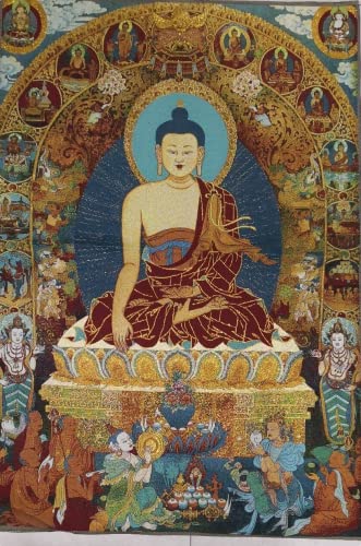 Thangka brodé soie Sakyamuni Bouddha tenture murale tapisserie tibétaine