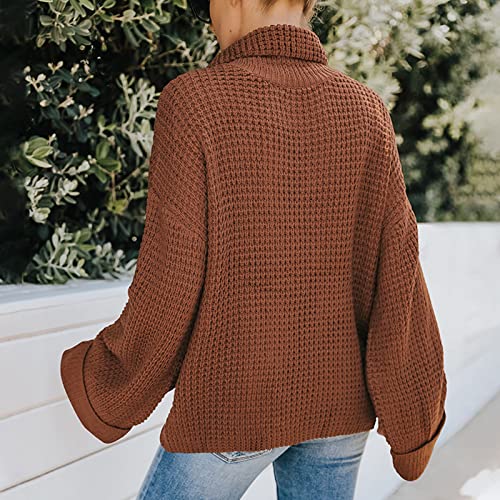 Women's Turtleneck Bell Sleeve Sweater Solid Color Chunky Cable Knit Pullover Fashion Loose-Fit Slouchy Knitwear Tops Brown #TOP4
