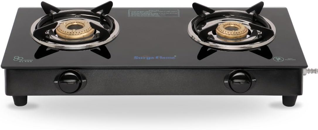 SURYA FLAME Lpg Manual Gas Stove 2 Burner Glass Top Lifestyle Cooktop With Bis Certified Doorstep Warranty 2 Years (Black)