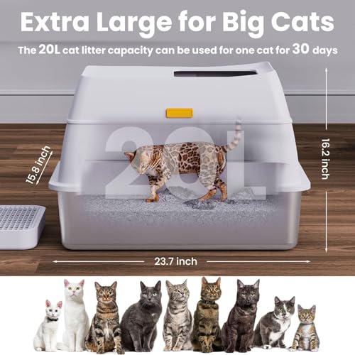 Stainless Steel Cat Litter Box with Lid,Front Entry Top Exit Kitty Litter Box,Extra Large Enclosed Metal Litter Box with Litter Scoop & Litter Mat-White
