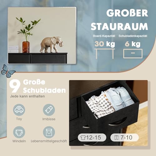 DUMOS Kommode mit Schubladen - Kommoden & Sideboards für Schlafzimmer Geeignet, Komodenschrank mit 9 Schubladen, Stoffkommode mit Stabilem Stahlrahmen, Ideal für Schlafzimmer, Wohnzimmer (Schwarz)