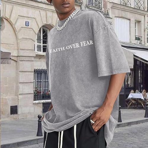 Image of Christian Faith Over Fear Shirt for Men Jesus Religious Shirts Oversized Graphic Tees Acid Wash God T-Shirt