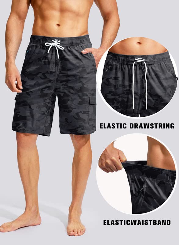 Kayrth Costume da bagno da uomo Quick Dry Board Shorts con 5 tasche Costumi da bagno da uomo - No Mesh Liner, Nero mimetico., XX-Large