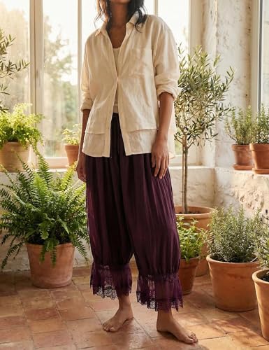 Image of KOSUSANILL Women Long Bloomer Pants Lace Trim Ruffle Pantaloons Cropped Lounge Pajama Bottoms Y2K Capri Pettipants