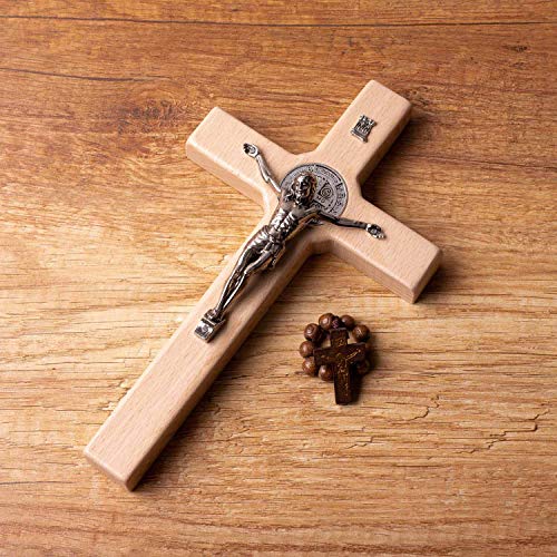 4Soul Crucifix | Saint Benedict Wall Cross | 8.7" Wooden Cross Decor With Silver Color Jesus And St Benedict Medal | Religious Wall Art Perfect Catholic Gift #TOP5